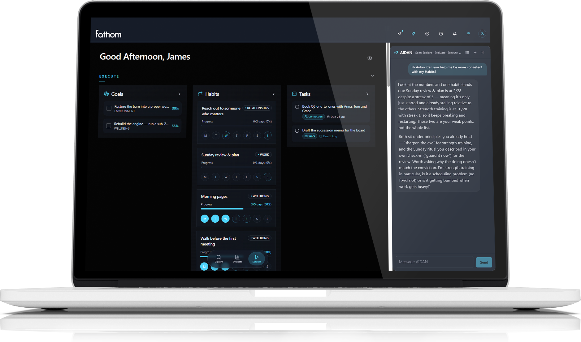 AIDAN's chat panel open alongside the Fathom Dashboard on a laptop