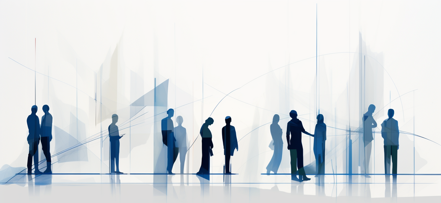 A varied group of professionals standing together, rendered in blue line art
