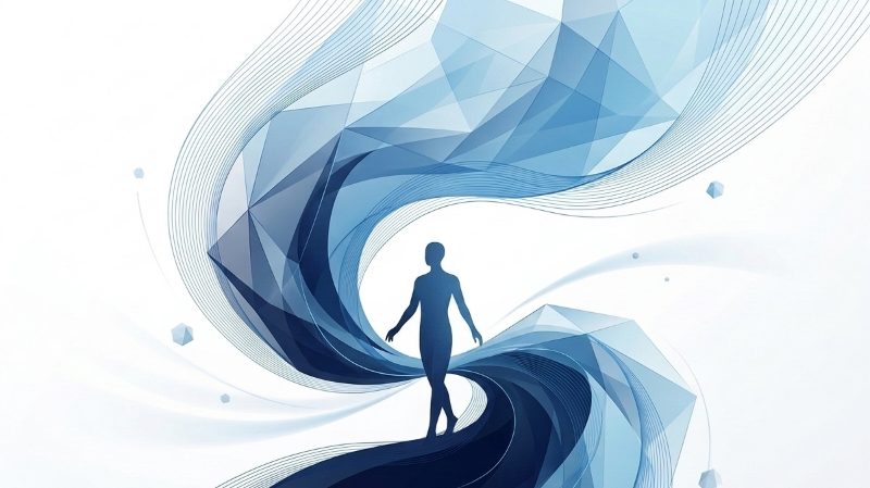 A figure walks a curving path that bends through shifting facets without breaking