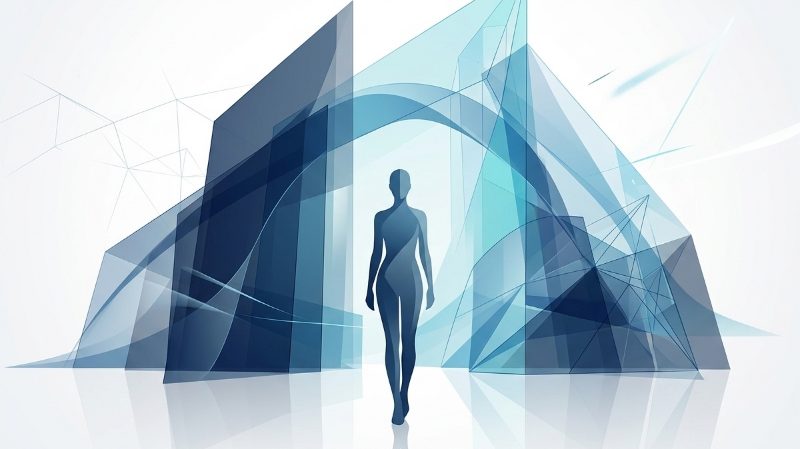 A figure walks through overlapping translucent planes that assemble into a single structure
