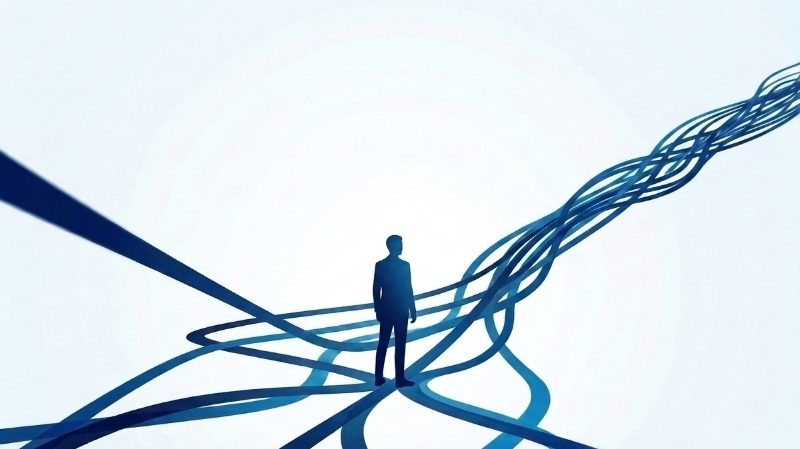 A figure stands where many separate strands converge and draw together into one path