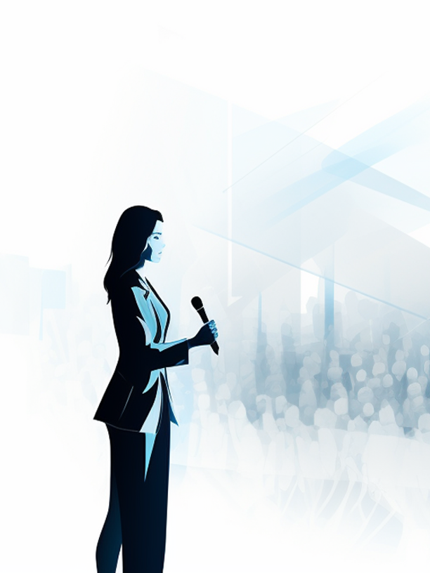 A speaker addresses an audience with a microphone, composed and self-assured