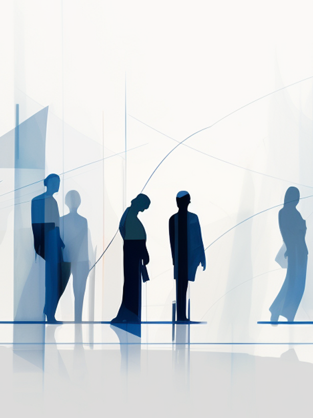 Separate figures stand linked by a single line drawn through them