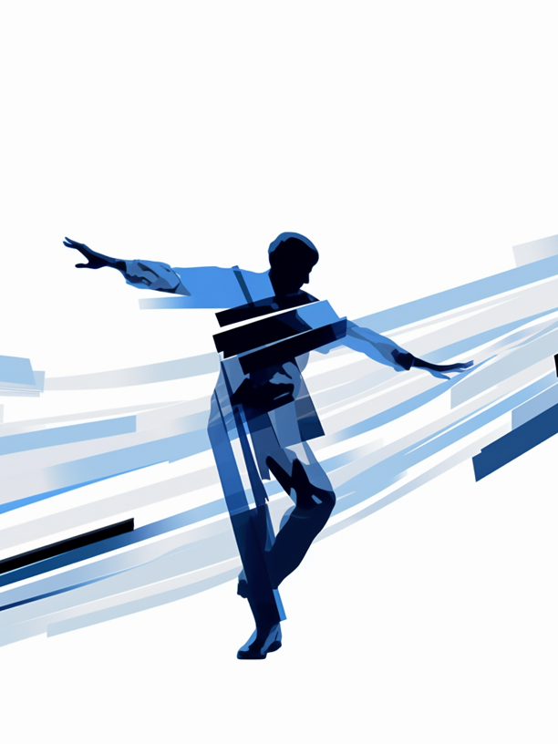 A figure holds a steady balance as currents of movement stream past