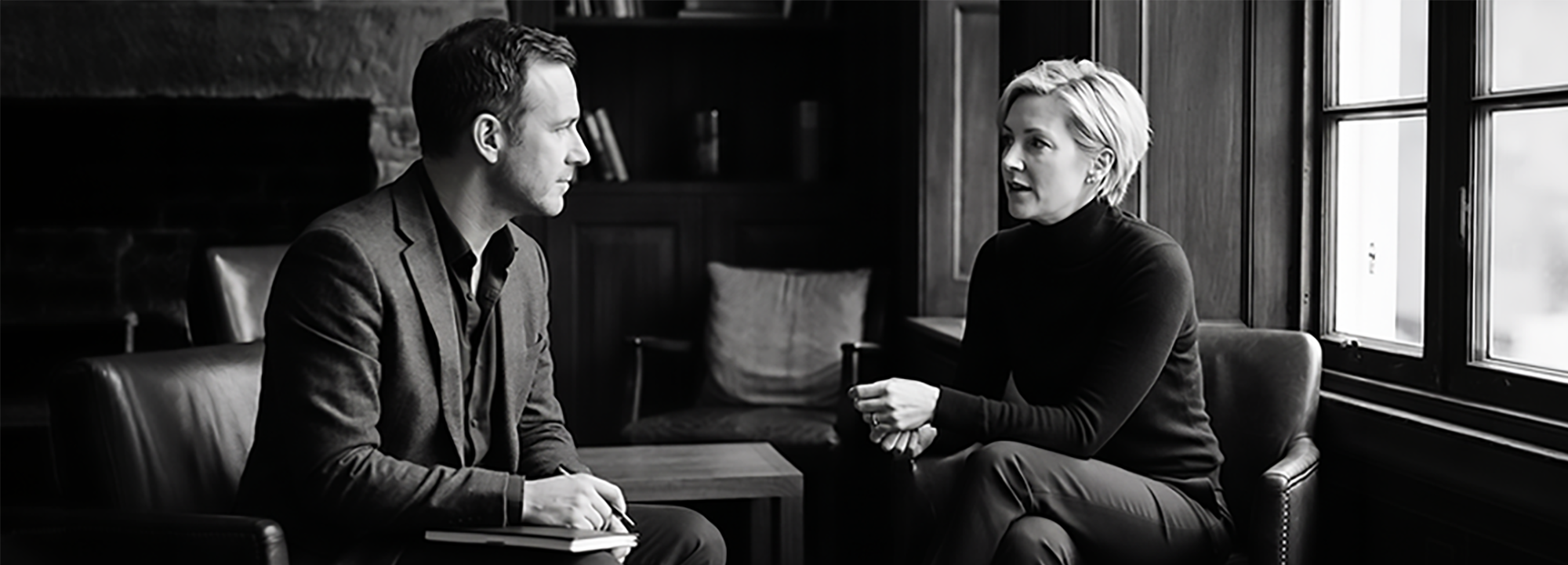 A woman advising a senior colleague in a quiet room by a window