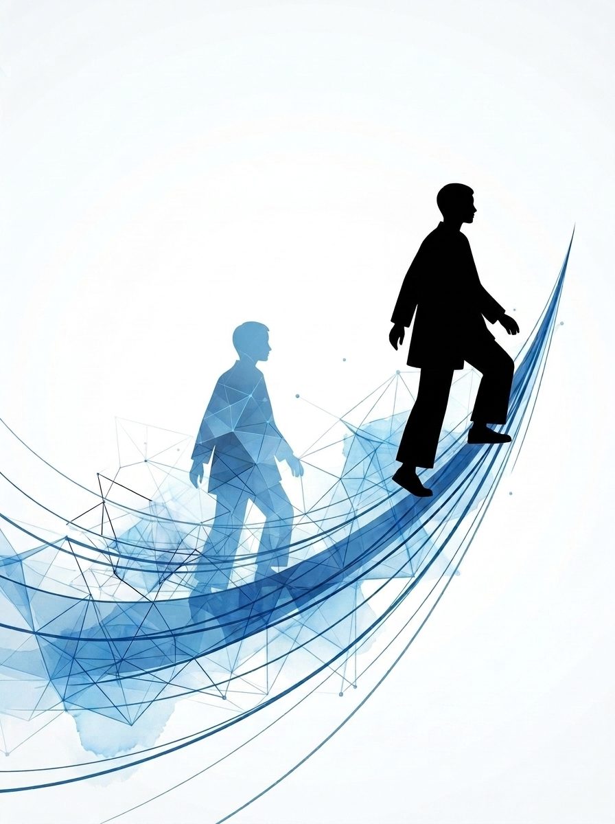 Two figures climb a rising curve of blue lines, the leading one ahead of and clear of the other