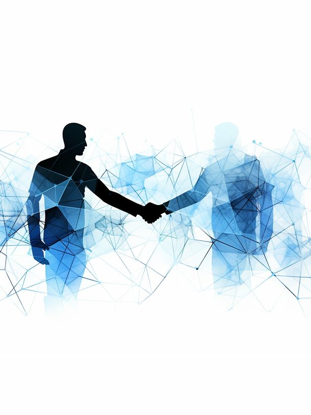 Two figures shake hands across a network of connected blue lines