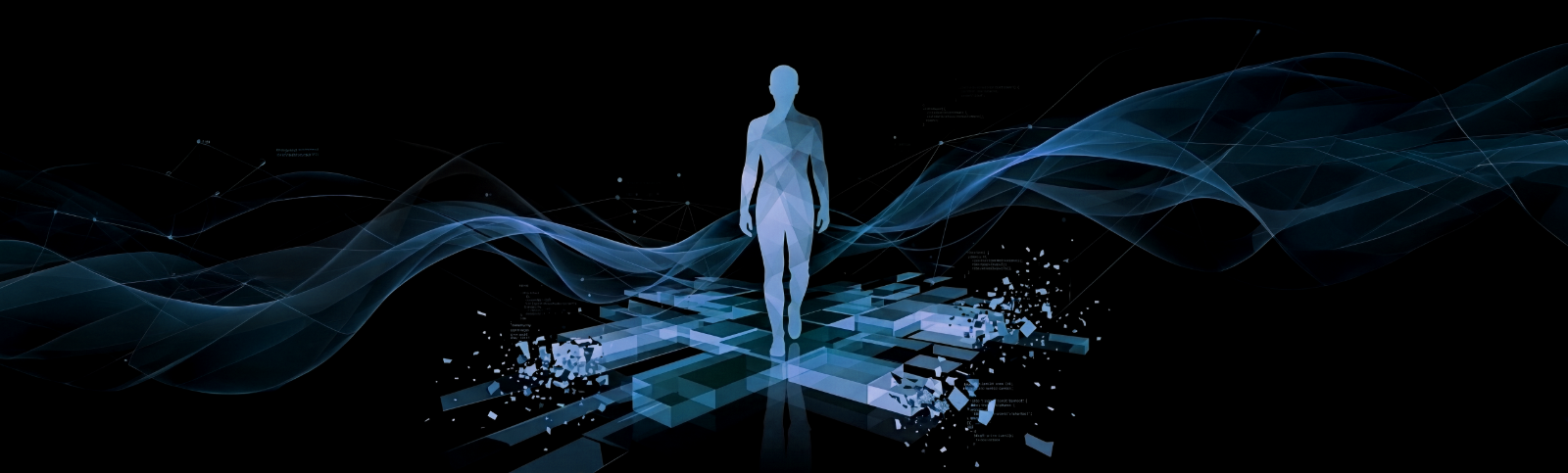 A figure walks forward as the tiled ground beneath them breaks apart into fragments
