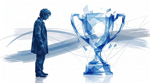 A figure looks at a shattered trophy