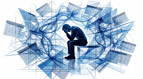 A figure sits with head in hands, encircled by overlapping calendars and tangled lines