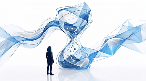A figure stands before a large hourglass as time streams away