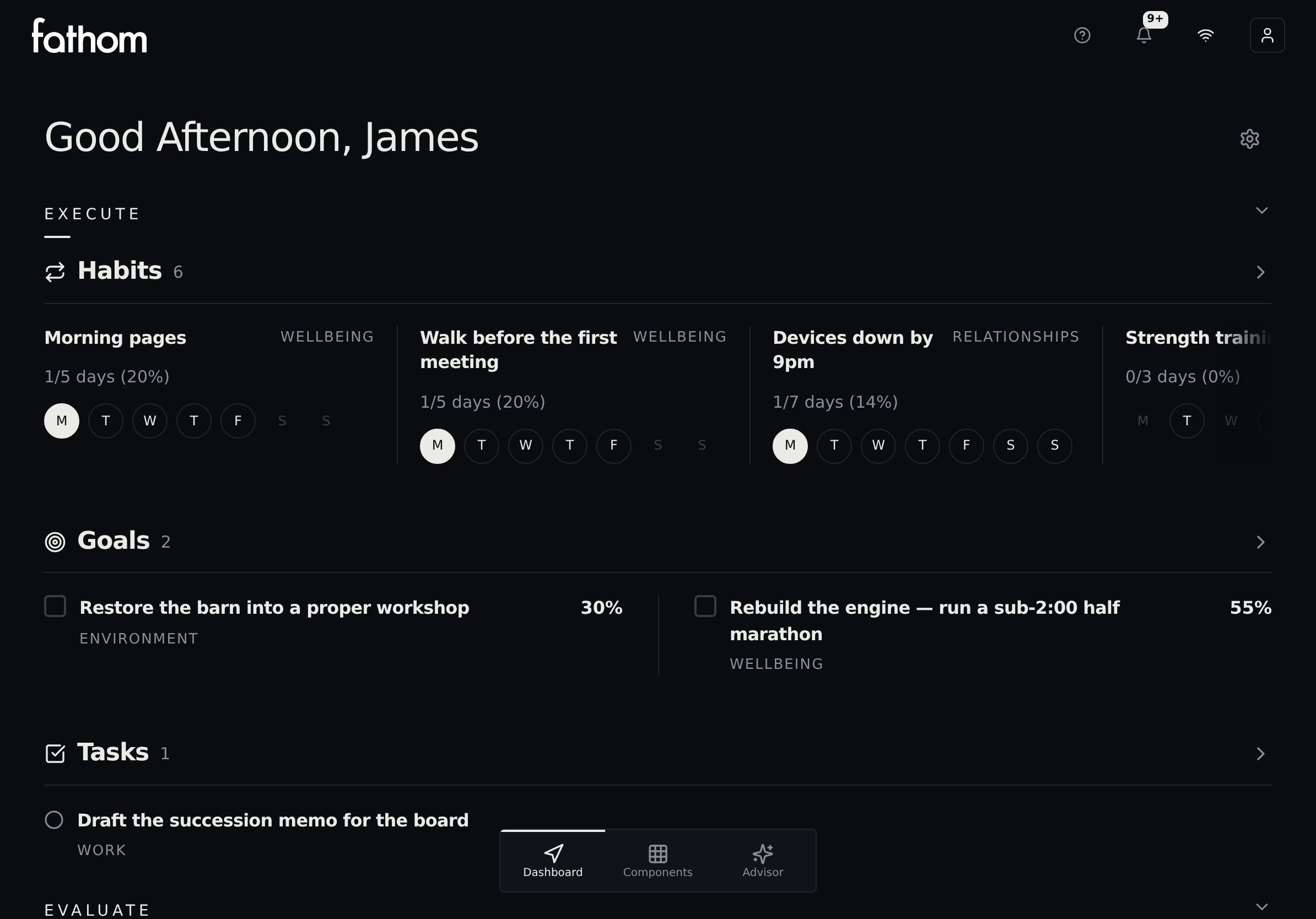 The Fathom Dashboard — the day's habits, goals and tasks in one view.