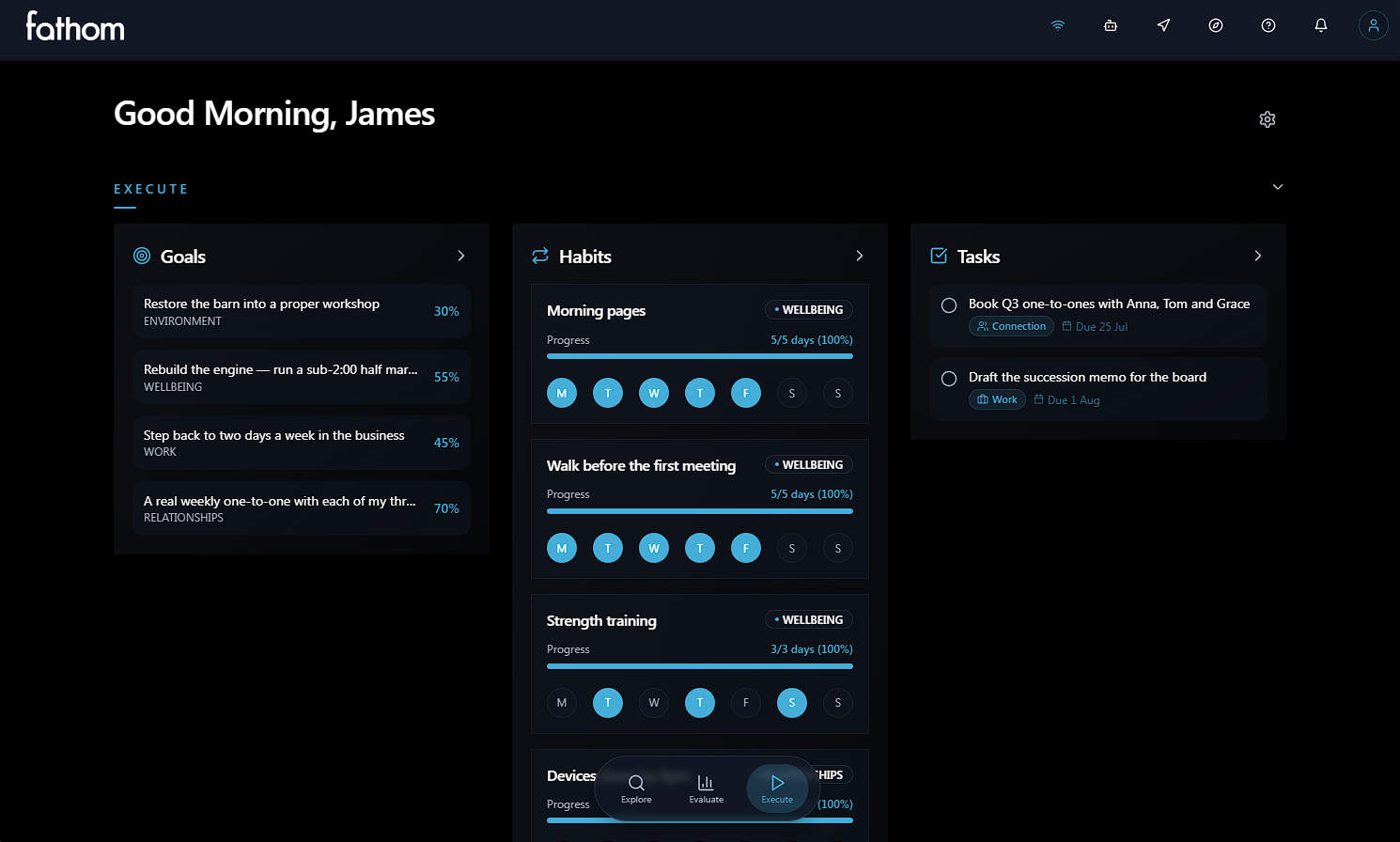 The Fathom Dashboard showing a personalised daily view - a time-of-day greeting above Goals, Habits and Tasks in the Execute row.